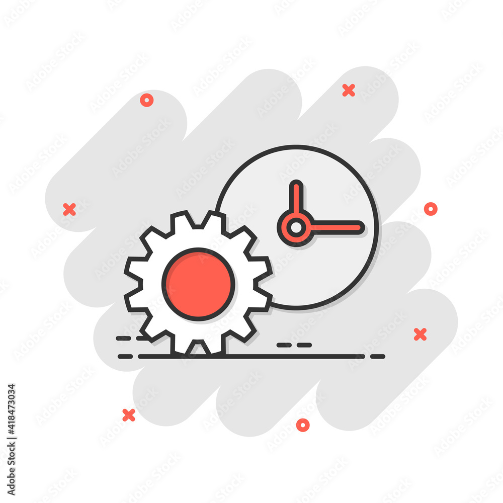 Vector cartoon clock icon in comic style. Project management sign illustration pictogram. Timer with gear business splash effect concept.