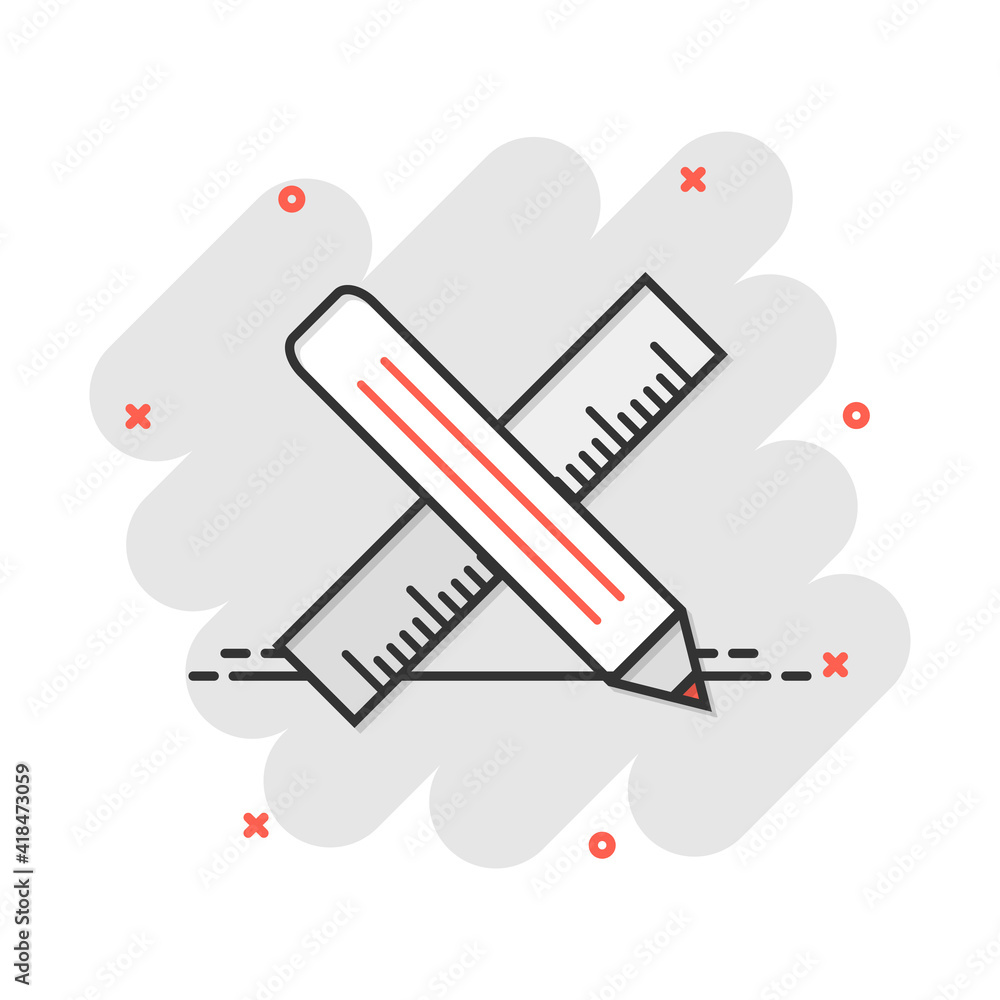 Vector cartoon pencil with ruler icon in comic style. Ruler meter sign illustration pictogram. Office gear business splash effect concept. Vector cartoon pencil with ruler icon in comic style. Ruler meter sign illustration pictogram. Office gear business splash effect concept.