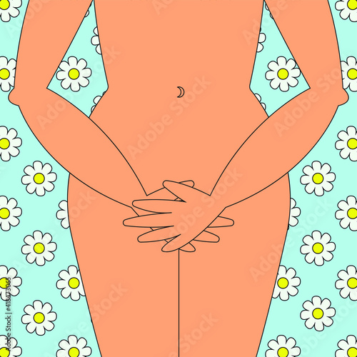 Vector graphics - a naked female body close-up, and hands shyly covering the pubis on a blue background with white flowers. Concept-vaginal problems