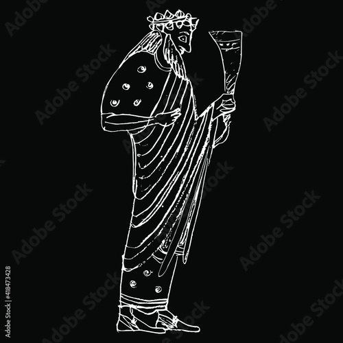 Ancient Greek god Dionysus or Bacchus holding rhyton of wine. Hand drawn linear doodle rough sketch. White silhouette on black background.