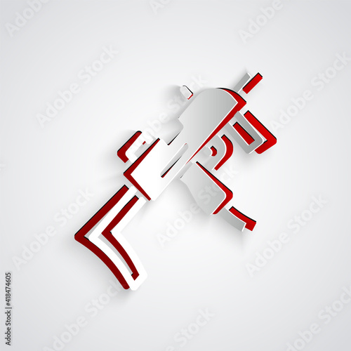 Paper cut MP9 submachine gun icon isolated on grey background. Automatic weapon. Paper art style. Vector.