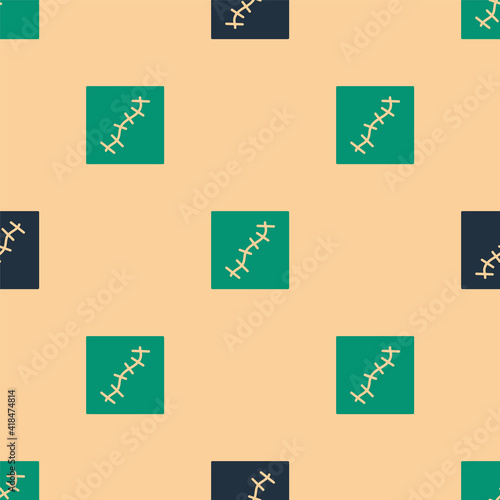 Green and black Scar with suture icon isolated seamless pattern on beige background. Vector.