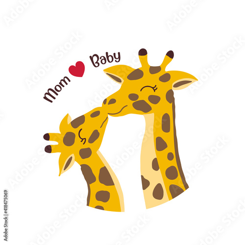 Mother's day card with Giraffes.Giraffe mother kissing baby giraffe.