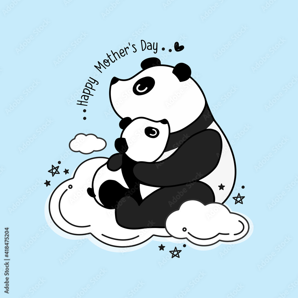 Fototapeta premium Mother's day card with Pandas. Panda mother hugging baby panda.
