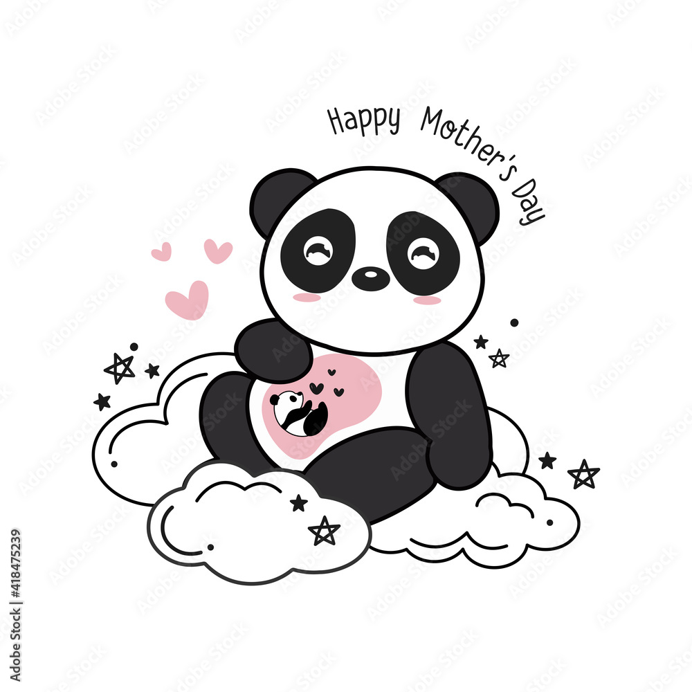 Obraz premium Mother's day card with Pandas. Panda mother hugging baby panda.