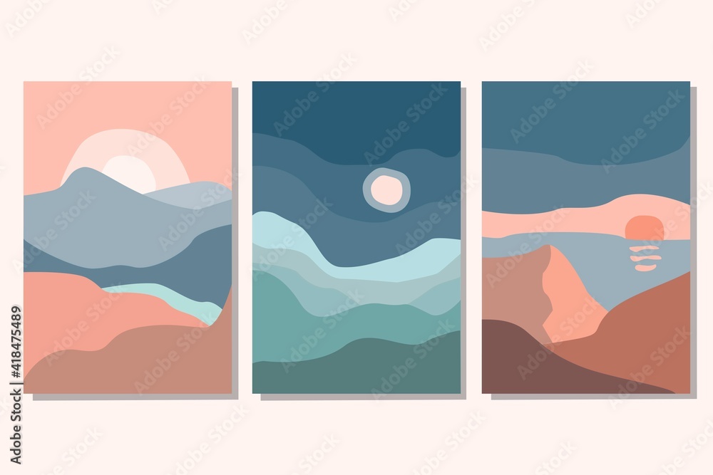 Set of abstract contemporary aesthetic backgrounds landscapes with sunrise, sunset, night. Earth tones, pastel colors. Vector flat illustration. Contemporary art print templates, boho wall decor