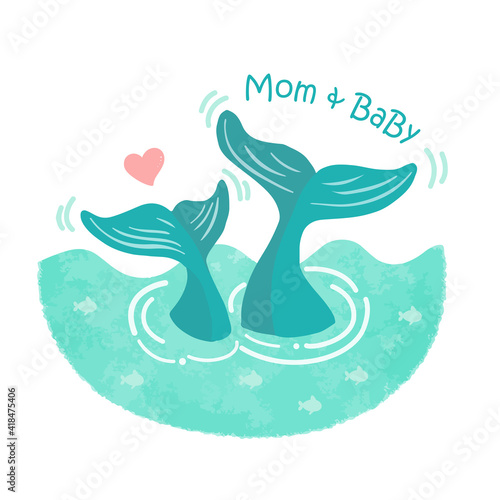 Fototapeta Naklejka Na Ścianę i Meble -  Mother's day card with Whales. Cute animal mom and baby.