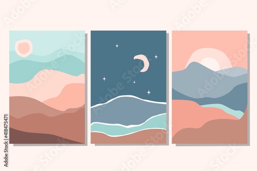Set of abstract colorful landscape poster collection with sun, moon, star, sea, mountains, river. Vector flat illustration. Contemporary art print templates, backgrounds for social media.