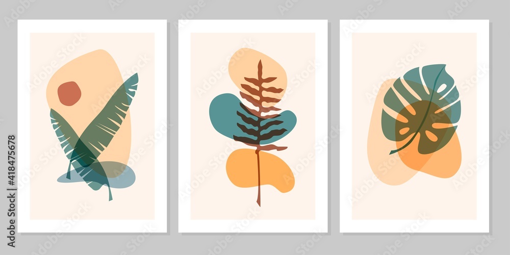Hand drawn abstract set boho tropical leaf with color shape isolated on beige background. Vector flat illustration. Design for pattern, logo, posters, invitation, greeting card Hand drawn abstract set boho tropical leaf with color shape isolated on beige background. Vector flat illustration. Design for pattern, logo, posters, invitation, greeting card