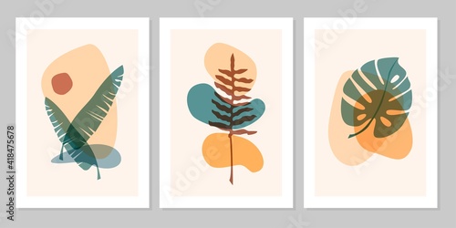 Hand drawn abstract set boho tropical leaf with color shape isolated on beige background. Vector flat illustration. Design for pattern, logo, posters, invitation, greeting card