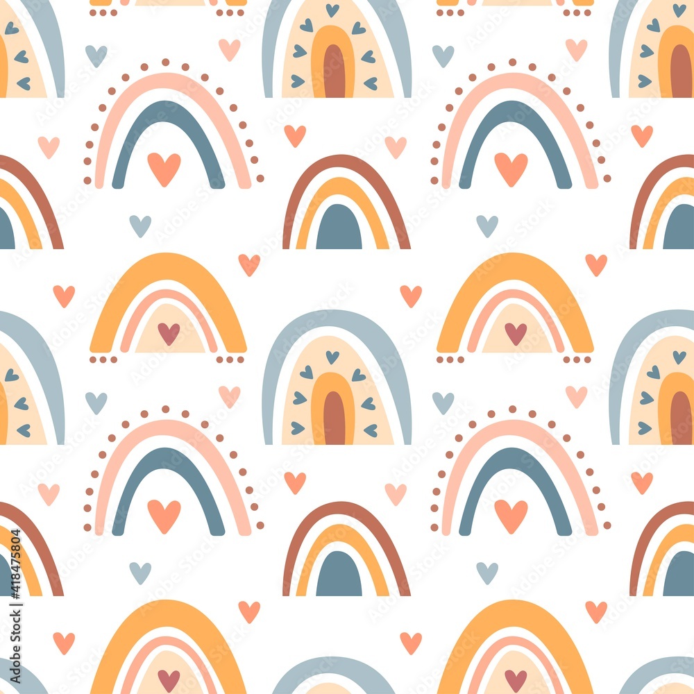 Hand drawn seamless pattern of cute boho rainbows pastel color isolated on white background. Vector flat illustration. Design for baby textile, wallpaper, wrapping, backdrop Hand drawn seamless pattern of cute boho rainbows pastel color isolated on white background. Vector flat illustration. Design for baby textile, wallpaper, wrapping, backdrop
