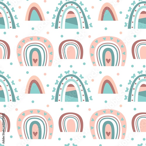 Hand drawn  seamless pattern of  cute boho rainbows pastel color isolated on white background. Vector flat illustration. Design for baby textile  wallpaper  wrapping  backdrop
