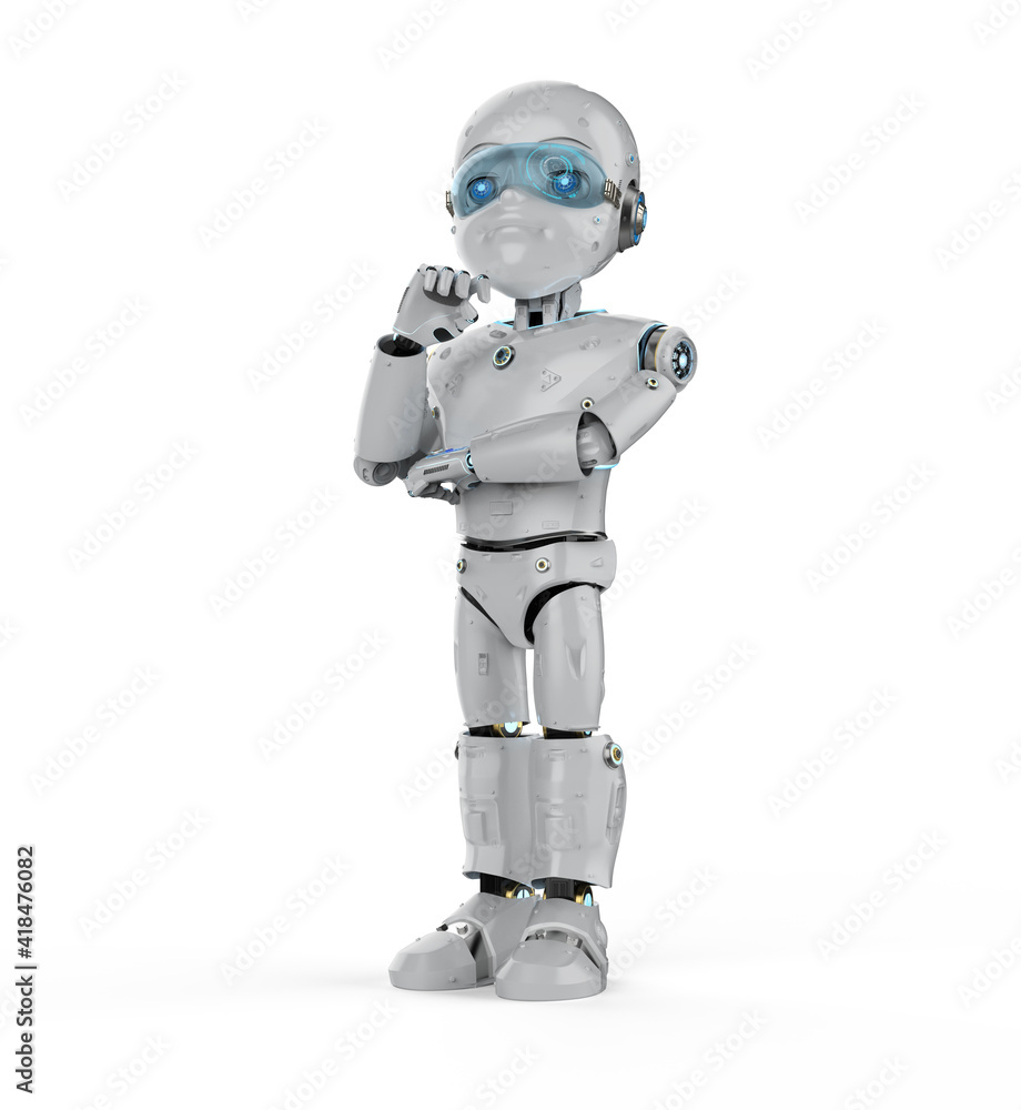 Cute robot with cartoon character think Cute robot with cartoon character think