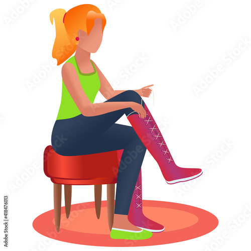 
The character tries on shoes. White background. Shoe store concept. Delivery, online, trying on the goods. All-season sale. Try it on and buy. Can be used as a collage, sticker in advertising design.