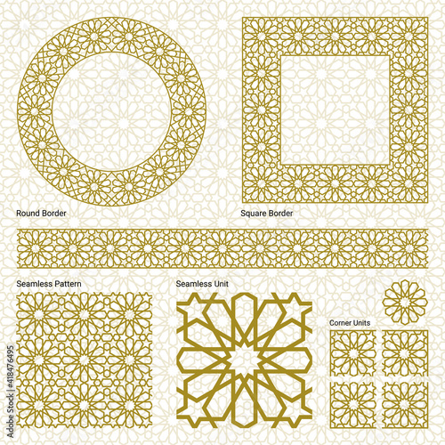 Ornament border, square frame, circle frame and a seamless Andalusian pattern ( Vector gold Andalusian, Islamic, and Geometric pattern style with seamless border).