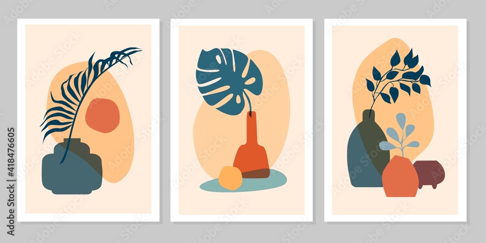Hand drawn set abstract boho poster with tropical  leaf, color vase and shape isolated on beige background. Vector flat illustration. Design for pattern, logo, posters, invitation, greeting card