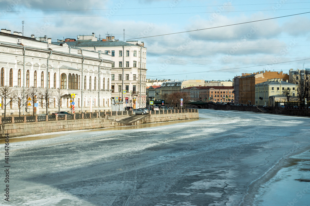 Fontanka river. City landscape. St. Petersburg. Russia March 2021 