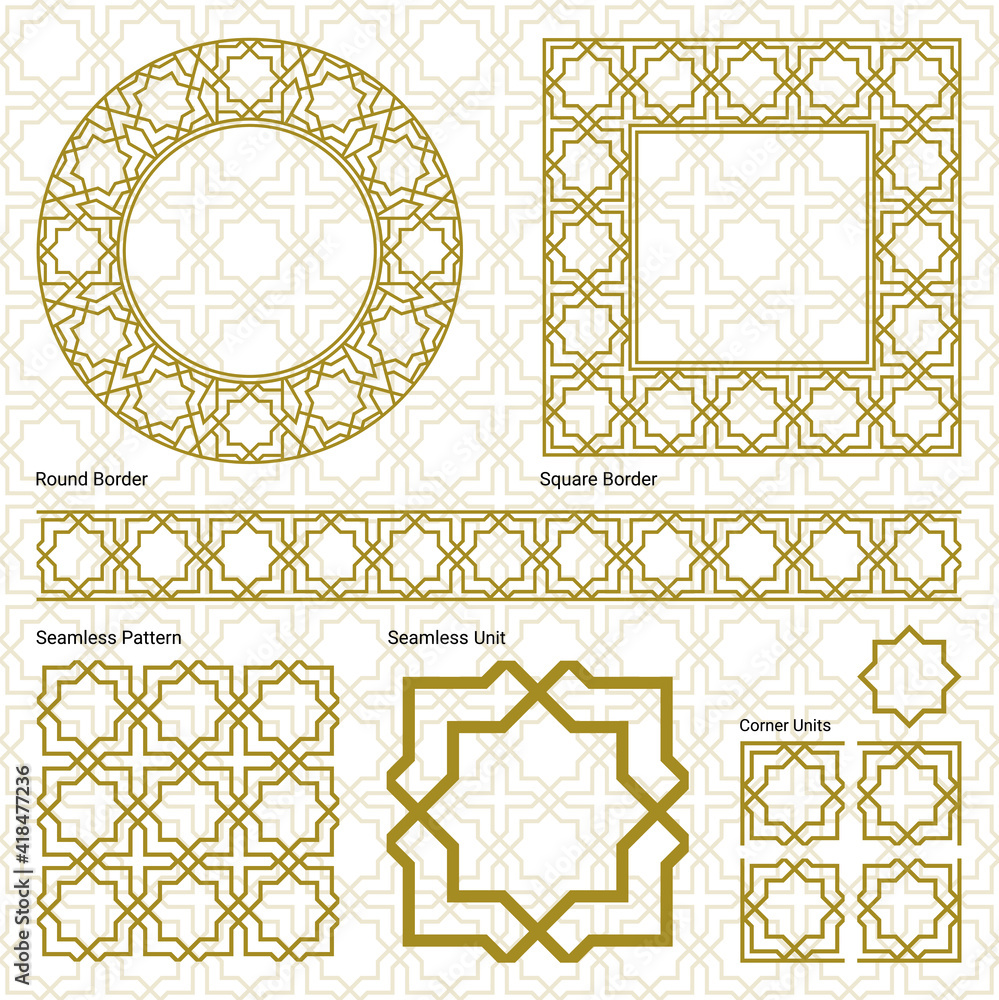 Ornament border, square frame, circle frame and a seamless Oriental ...