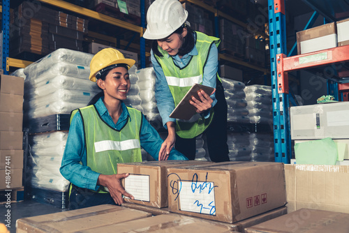 Female warehouse worker working at the storehouse . Logistics , supply chain and warehouse business concept .