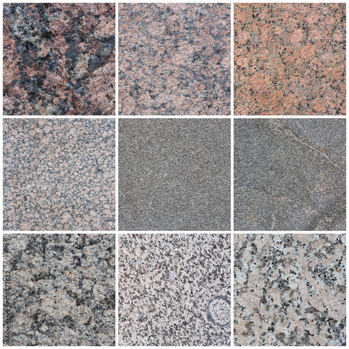 Granite texture set. Collection of stone backgrounds. Natural granite with a grainy pattern. Solid rough surface of rock.