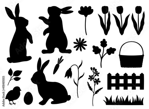 Easter bunny silhouettes chicken flowers vector illustration