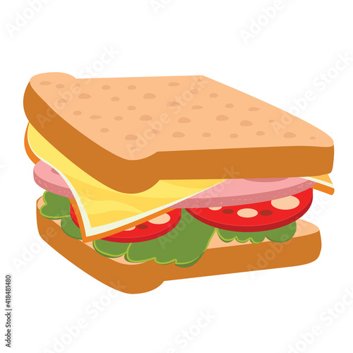 Sandwich with cheese and vegetables. Vector illustration on a white background.