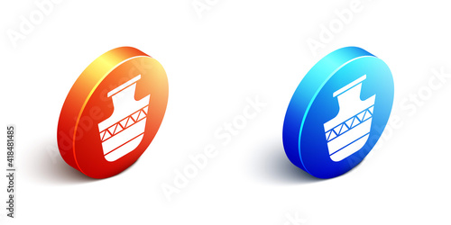 Isometric Ancient amphorae icon isolated on white background. Orange and blue circle button. Vector.