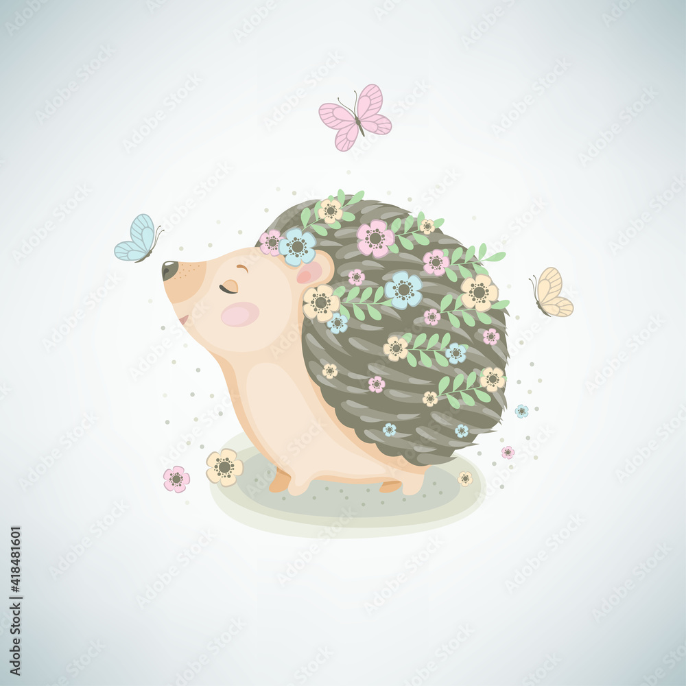 Cute hedgehog with spring flowers on the meadow. Vector illustration. Cute hedgehog with spring flowers on the meadow. Vector illustration.
