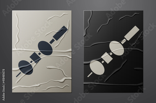 White Olive and cheese on chopstick icon isolated on crumpled paper background. Canape, tapas with cheese and olive. Paper art style. Vector.