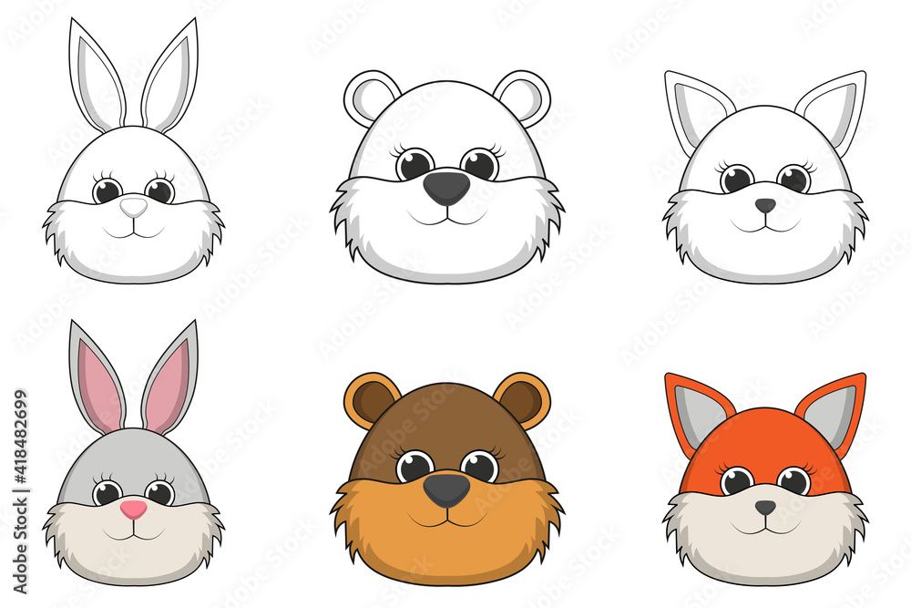 Vector illustration set of cute animal faces including Rabbit, Bear ...