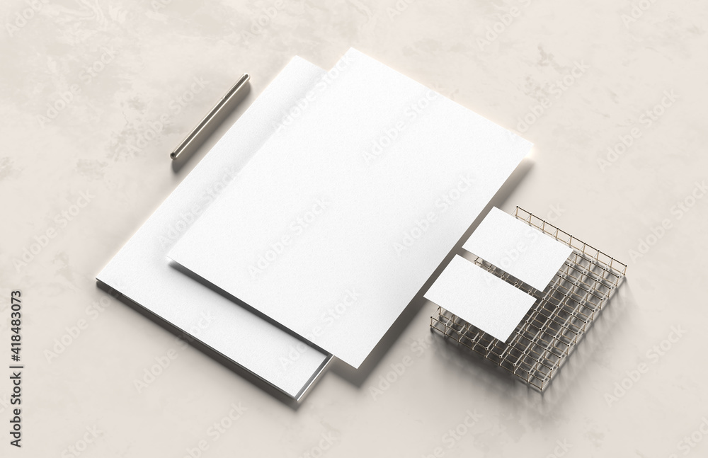 Corporate identity stationery mock up isolated on modern style background. Mock up for branding identity. 3D illustration Corporate identity stationery mock up isolated on modern style background. Mock up for branding identity. 3D illustration