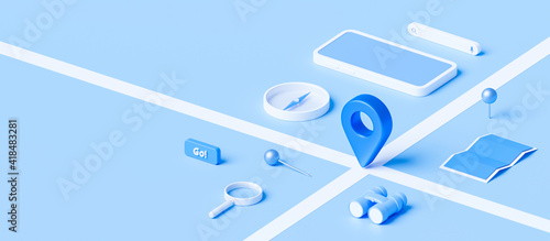 Obraz na plátně Isometric of map and location pin or navigation icon sign on blue background with search concept