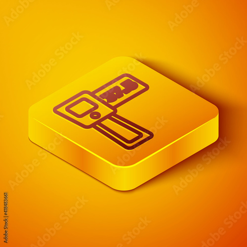 Isometric line Digital contactless thermometer with infrared light icon isolated on orange background. Yellow square button. Vector.