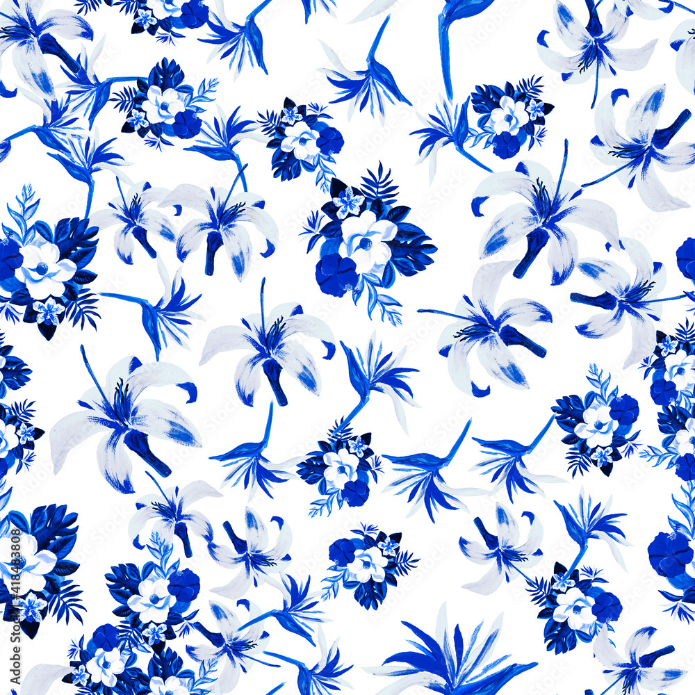 Fototapeta Azure Pattern Texture. Blue Seamless Foliage. White Tropical Textile. Indigo Flower Exotic. Cobalt Wallpaper Palm. Decoration Palm. Watercolor Textile.