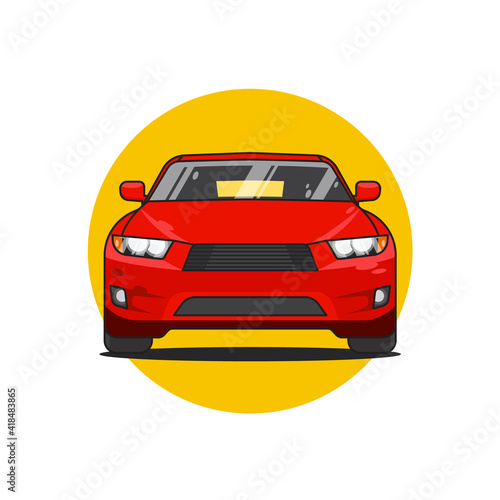 Red sedan muscle car front view, vector illustration