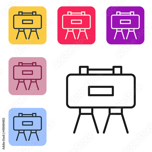 Black line Military mine icon isolated on white background. Claymore mine explosive device. Anti personnel mine. Army explosive. Set icons in color square buttons. Vector.