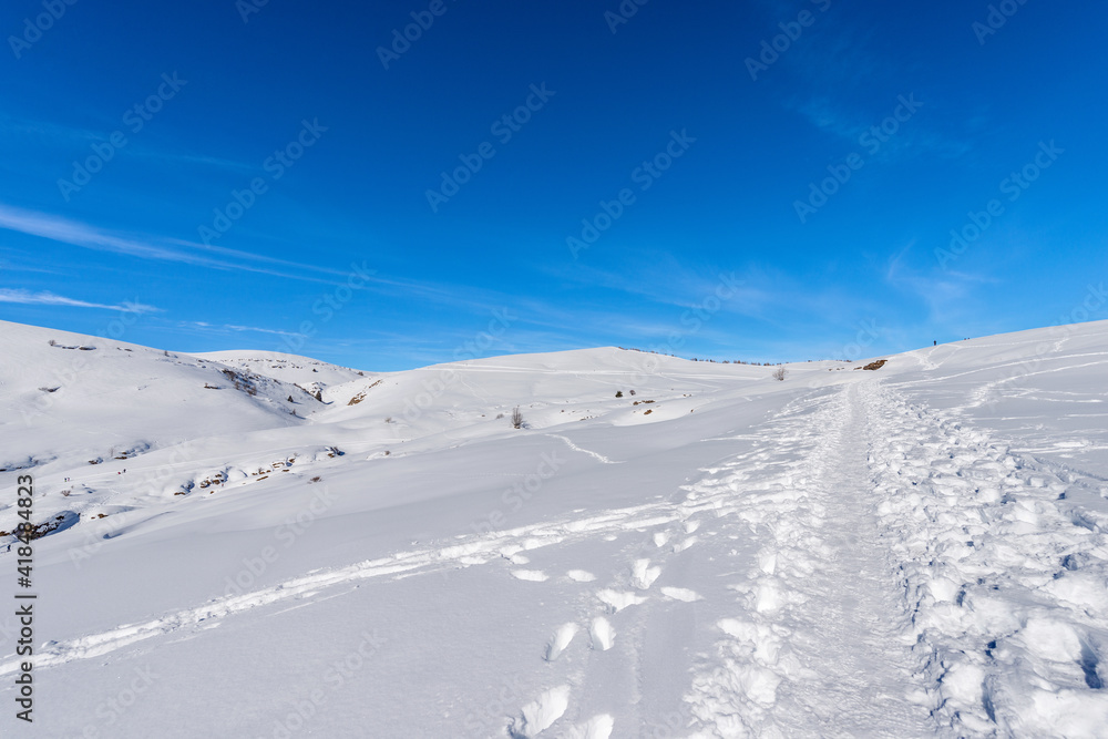 Snowy footpath in winter on the Lessinia Plateau (Altopiano della Lessinia), Regional Natural Park, near Malga San Giorgio, ski resort in Verona province, Bosco Chiesanuova, Veneto, Italy, Europe.