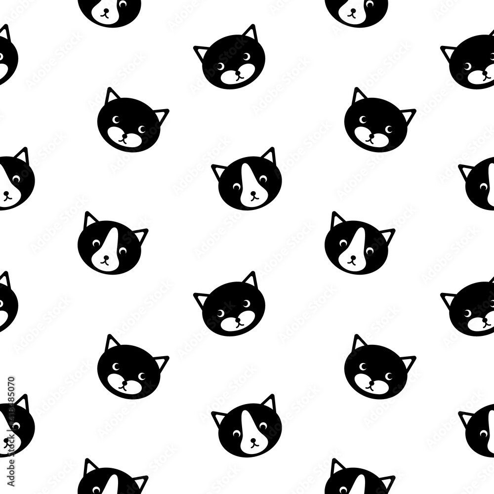 Seamless pattern with cute cat faces. Simle black silhouettes on white background. Vector illustration. Seamless pattern with cute cat faces. Simle black silhouettes on white background. Vector illustration.