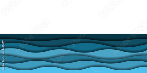 Papercut sea waves background. Seamless pattern. Paper art, blue and turquoise waves on white background. Vector illustration