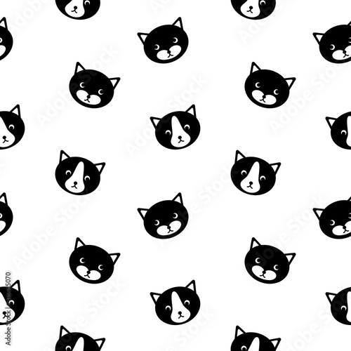 Seamless pattern with cute cat faces. Simle black silhouettes on white background. Vector illustration.