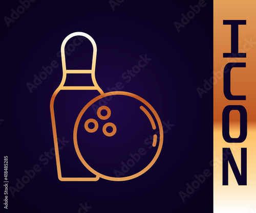 Gold line Bowling pin and ball icon isolated on black background. Sport equipment. Vector.