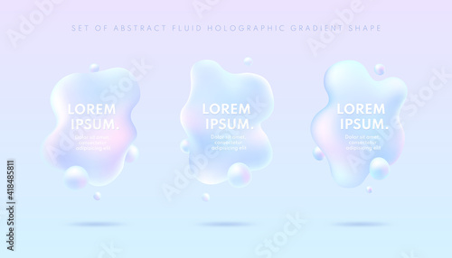 Set of 3d abstract fluid holographic gradient shape on blue background. Liquid shapes trendy realistic design. Vector illustration