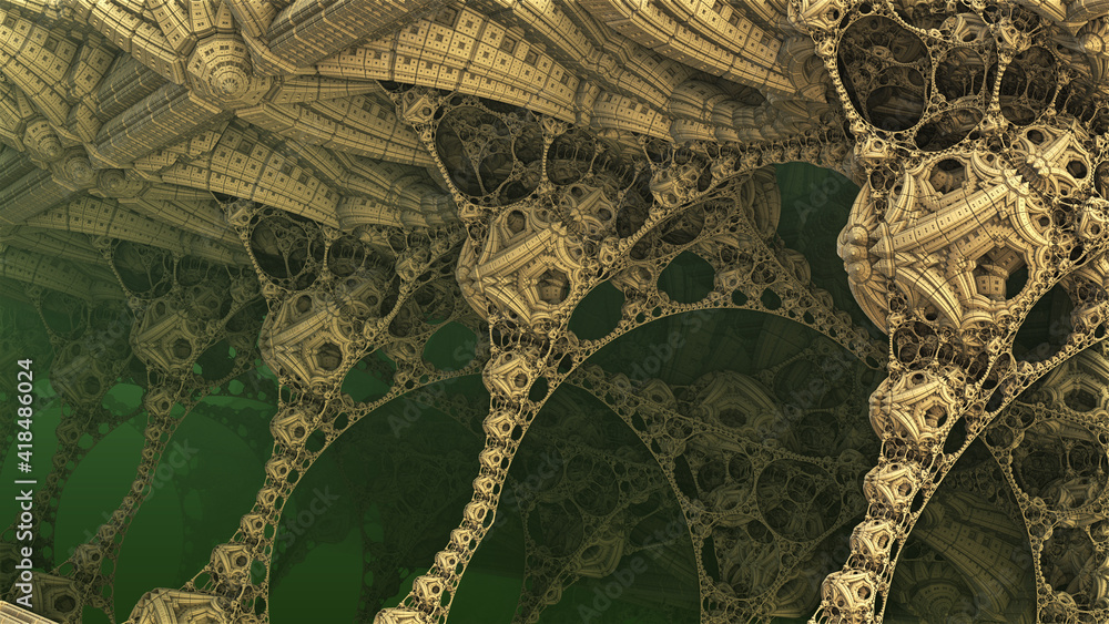 Abstract background 3D, fantastic ancient civilization architecture, gold green color render illustration.