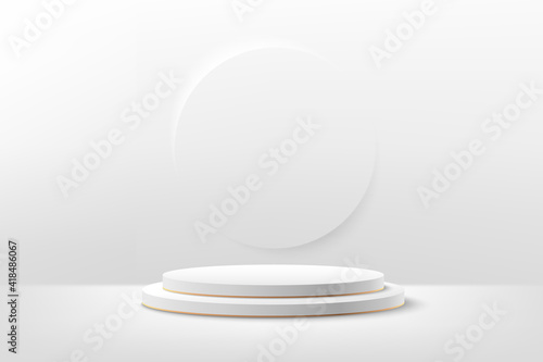 Abstract vector rendering 3d shape for advertising product display presentation. Luxury white and golden cylinder pedestal podium, Empty room, Circular backdrop. Minimal wall scene.