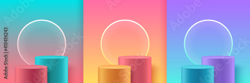 Set of modern trendy color cylinder podiums with circular neon, Pastel empty room background. Abstract vector rendering 3D shape for product display presentation. Minimal wall scene, Studio room.