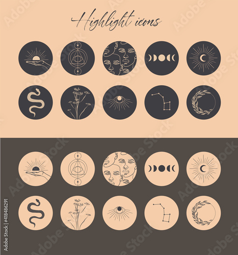Vector highlight covers with astrology objects, mythical, esoteric and boho objects, for social media stories. Editable vector illustration