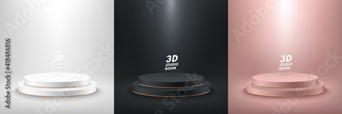 Set of abstract vector rendering 3d shape for product display presentation. Luxury black, white, pink cylinder pedestal podium, Spotlight and empty room background. Studio room, Minimal wall scene.
