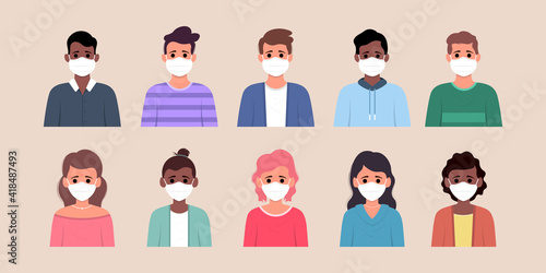 Set of man and woman wearing medical mask in flat illustration style.