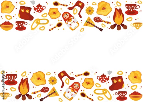Maslenitsa. Russian holiday. Background for the holiday. Cute postcard for the carnival. Pancakes, fire, tea, balalaika, matryoshka, lollipop, red caviar. Seeing off winter. Folk, merry festivities.