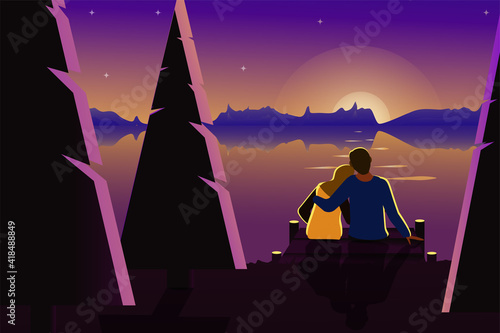 A couple in love sits on the riverbank during sunset. Vector illustration.